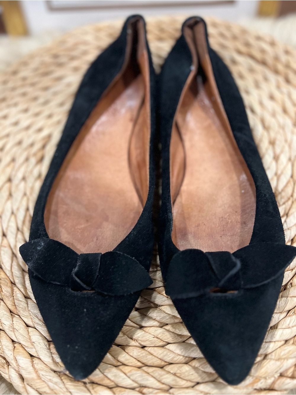 Madewell Black Suede Pointed-Toe Bow Flats